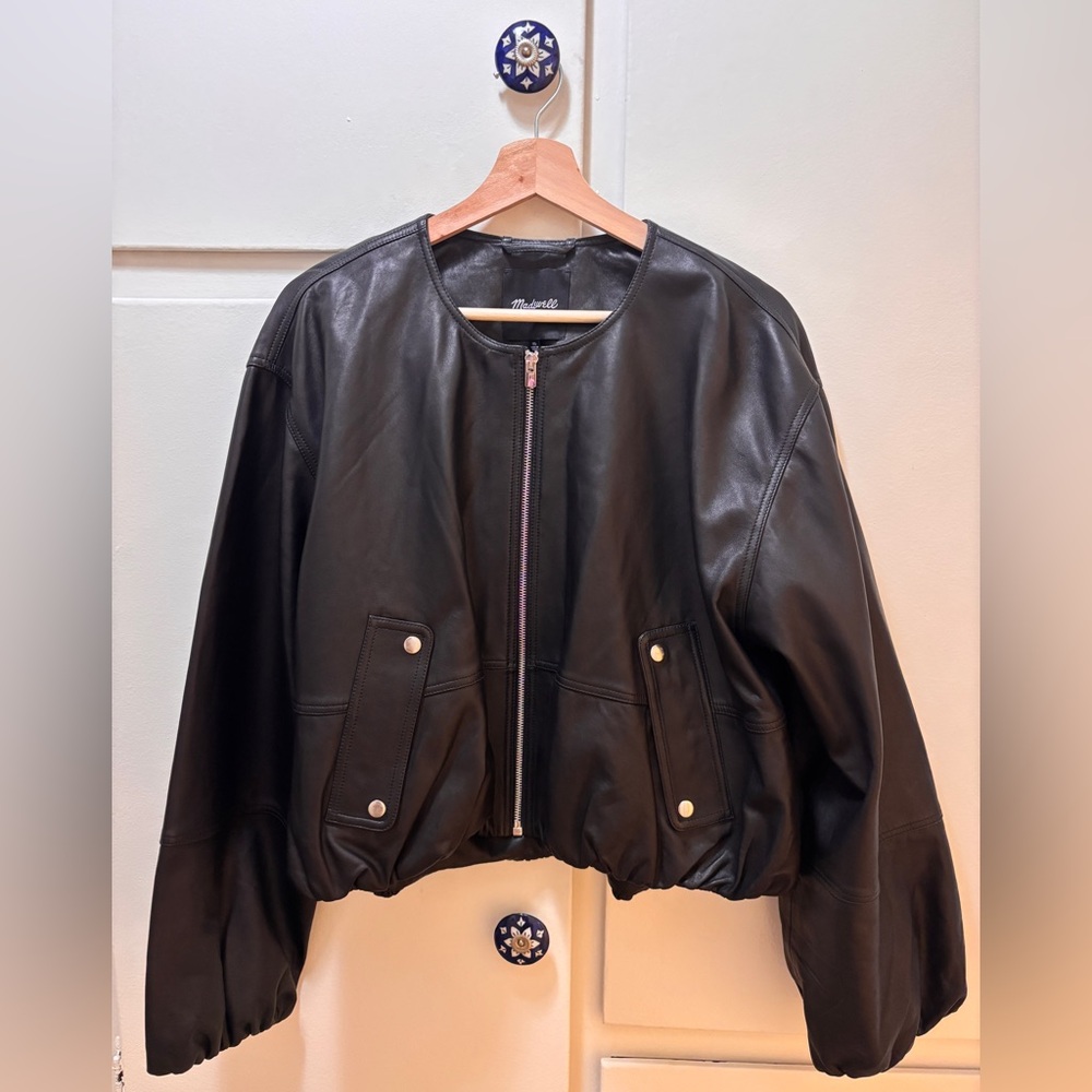 Madewell Black Cropped Leather Bomber Jacket - Picture 6 of 8